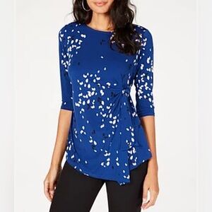 Alfani Blue Floral Bloom Print Side Tie 3/4 Sleeve Stretch Knit Top Plus Size 2X